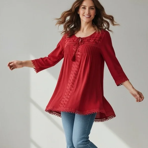 Sundance Red Bohemian Silky Lace Trim 3/4 Tab Sleeves Tunic Top Women’s Small - Picture 2 of 10